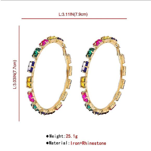 Gold Multi Color Hoop Rhinestone Earrings - Picture 4 of 4